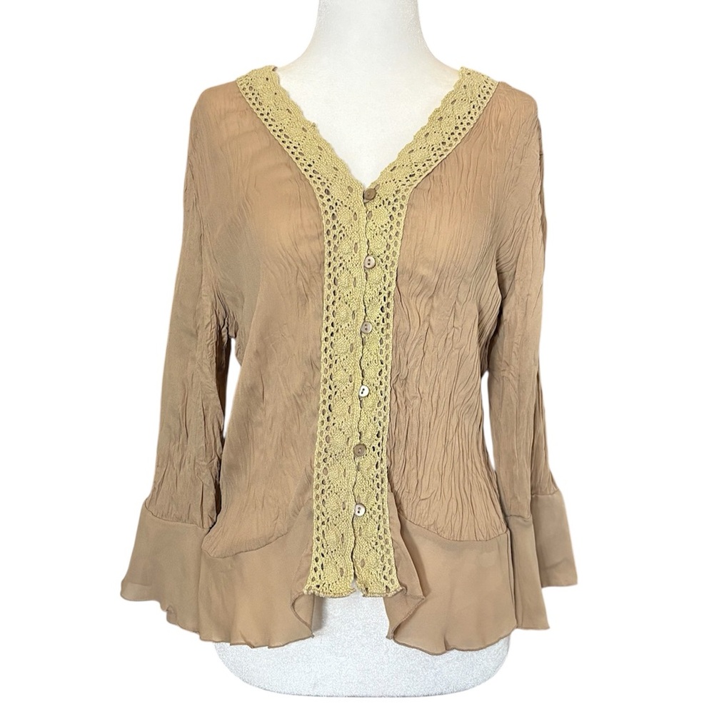Sunny Taylor Semi Sheer Crinkle Crochet Lace Chiffon Ruffle Blouse Petite Medium